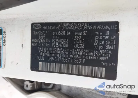 2007 Hyundai Santa Fe Limited/Se z USA, uszkodzony, nr VIN 5NMSH73E67H126018